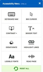 Barra de acessibilidade com opções de contraste, legibilidade e tamanho da letra, tamanho cursor, destacar links, navegação por teclado e leitura de página.