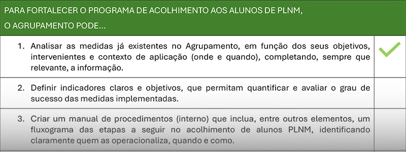 Lista de medidas para organizar e/ou reforçar um plano de acolhimento – Programa Avançar PLNM