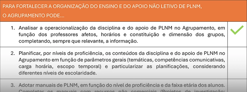 Lista de medidas para organizar e/ou reforçar um plano de apoio e ensino de PLNM – Programa Avançar PLNM